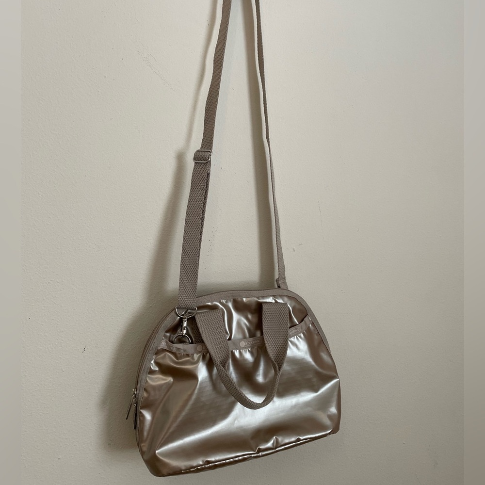 Beautiful, unique silver, iridescent LeSportsac top handle, convertible bag